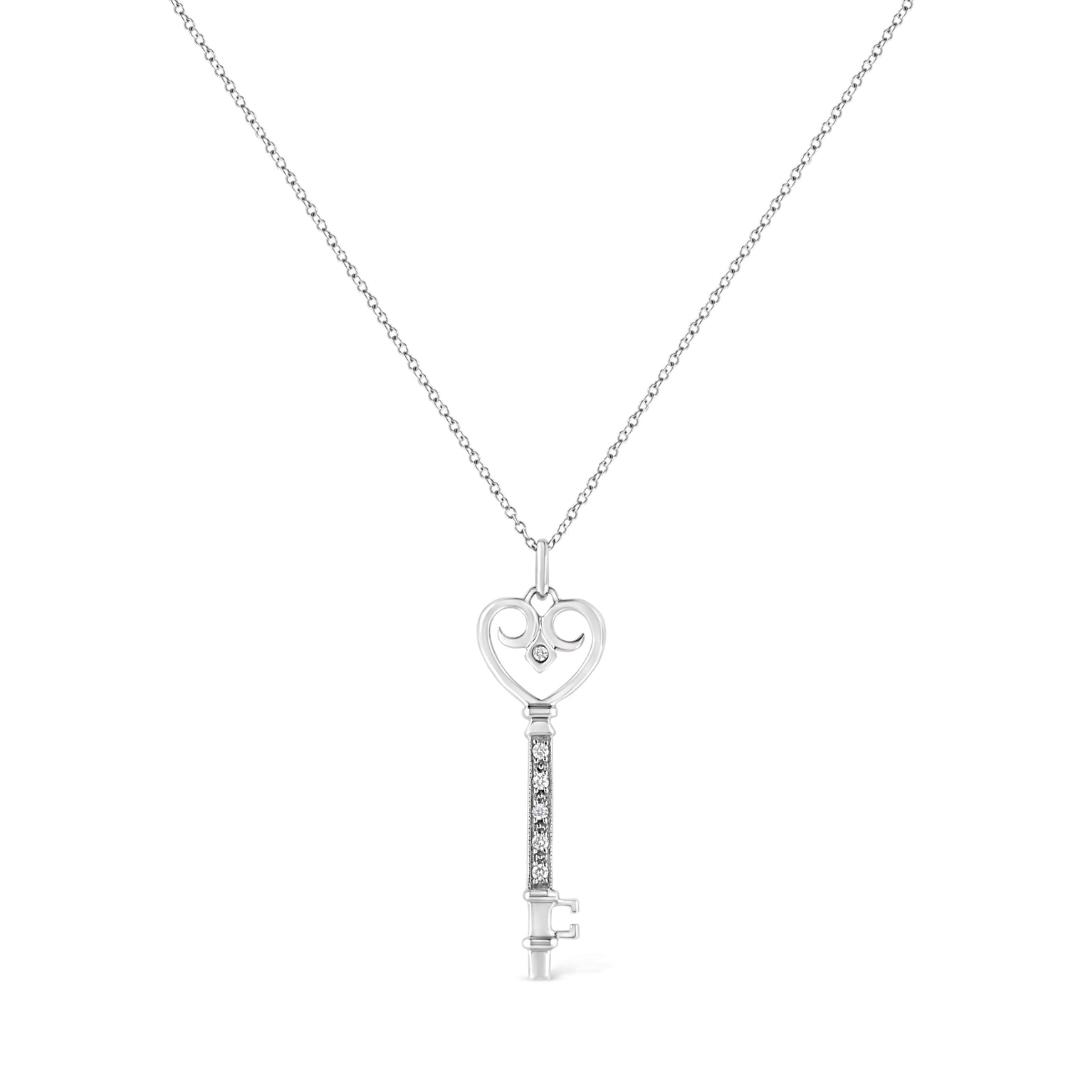 .925 Sterling Silver Pave and Bezel-Set Diamond Accent Key 18" Heart and Lock Pendant Necklace (K-L Color, I1-I2 Clarity) by Bids.com