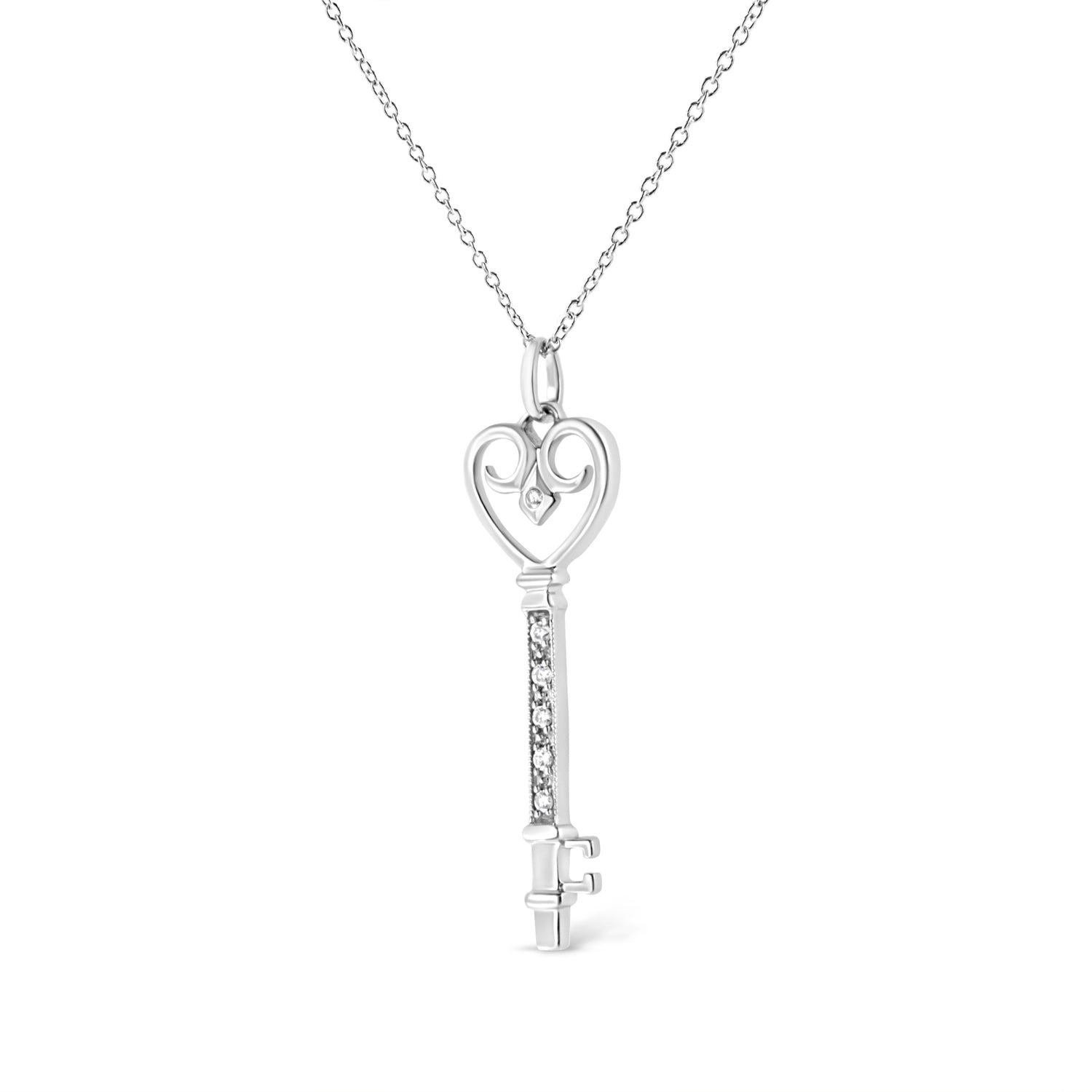 .925 Sterling Silver Pave and Bezel-Set Diamond Accent Key 18" Heart and Lock Pendant Necklace (K-L Color, I1-I2 Clarity) by Bids.com