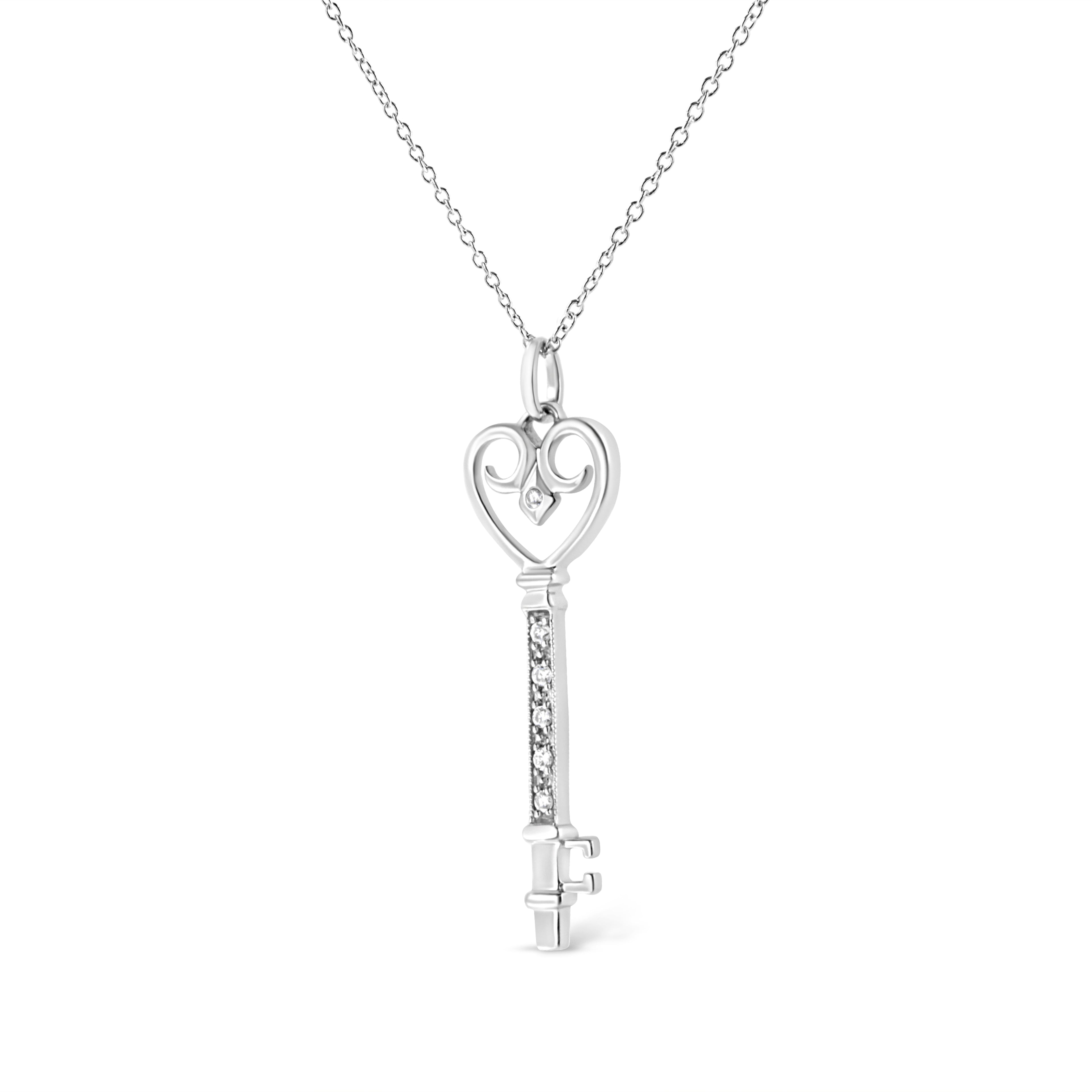 .925 Sterling Silver Pave and Bezel-Set Diamond Accent Key 18" Heart and Lock Pendant Necklace (K-L Color, I1-I2 Clarity) by Bids.com