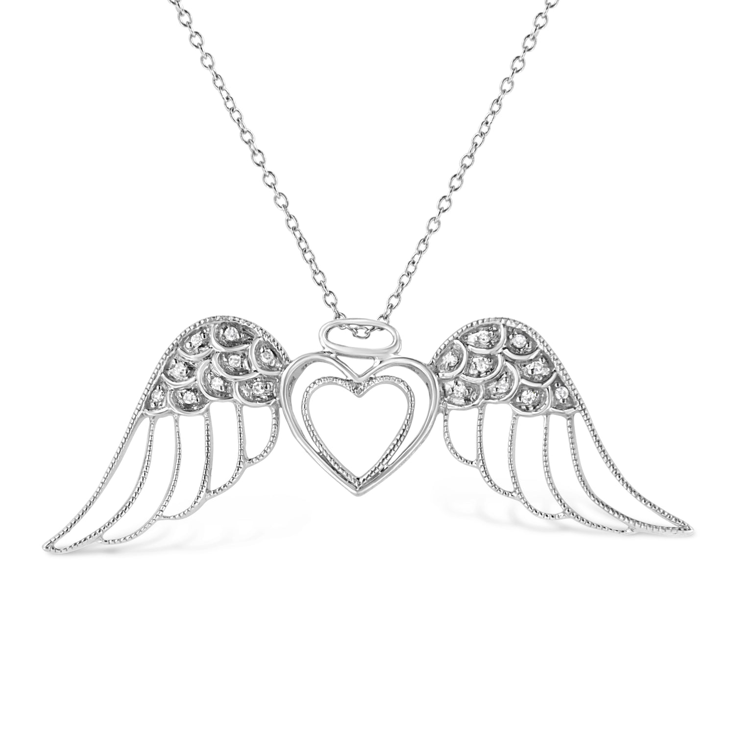 .925 Sterling Silver Pave-Set Diamond Accent Angel Wing 18" Double Heart Pendant Necklace (I-J Color, I1-I2 Clarity) by Bids.com