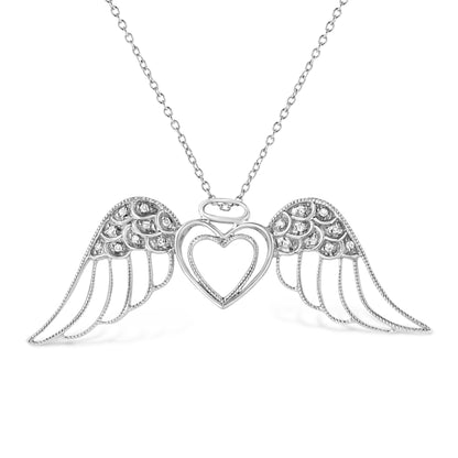 .925 Sterling Silver Pave-Set Diamond Accent Angel Wing 18" Double Heart Pendant Necklace (I-J Color, I1-I2 Clarity) by Bids.com