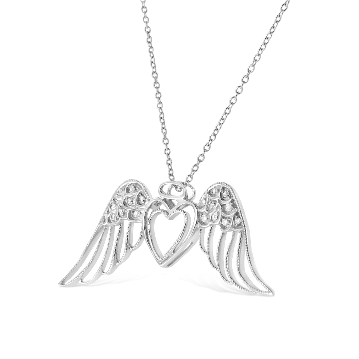 .925 Sterling Silver Pave-Set Diamond Accent Angel Wing 18" Double Heart Pendant Necklace (I-J Color, I1-I2 Clarity) by Bids.com