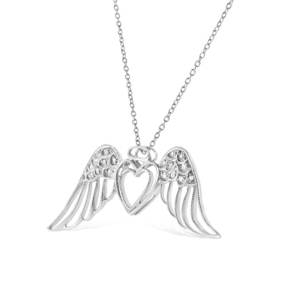.925 Sterling Silver Pave-Set Diamond Accent Angel Wing 18" Double Heart Pendant Necklace (I-J Color, I1-I2 Clarity) by Bids.com