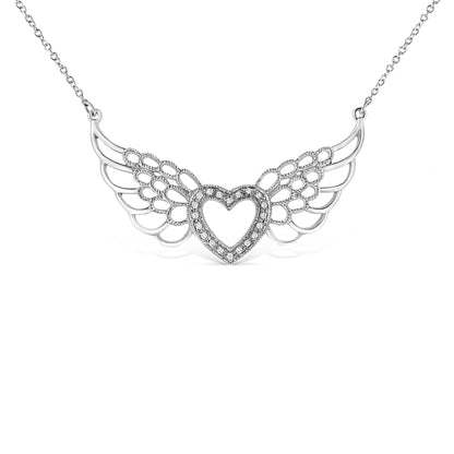 .925 Sterling Silver Pave-Set Diamond Accent Fairy Wing 18" Heart Pendant Necklace (I-J Color, I1-I2 Clarity) by Bids.com