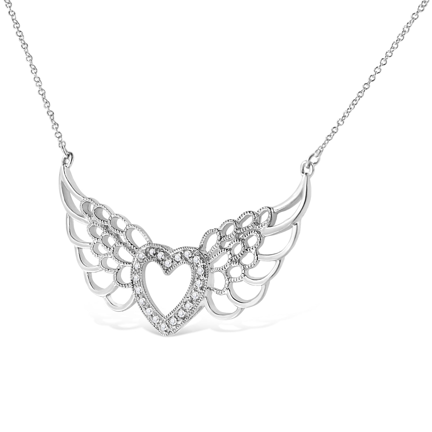 .925 Sterling Silver Pave-Set Diamond Accent Fairy Wing 18" Heart Pendant Necklace (I-J Color, I1-I2 Clarity) by Bids.com