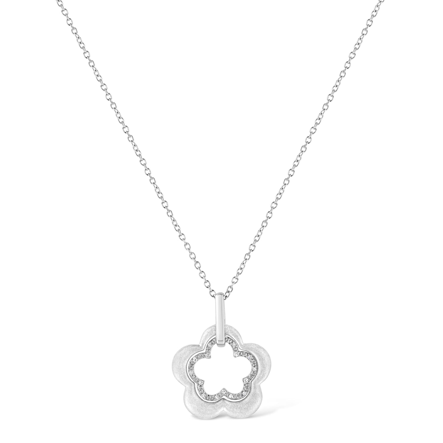 Matte Finished .925 Sterling Silver Diamond Accent Double Flower Shape 18" Satin Finished Pendant Necklace (I-J Color, I1-I2 Clarity)  DestGlow