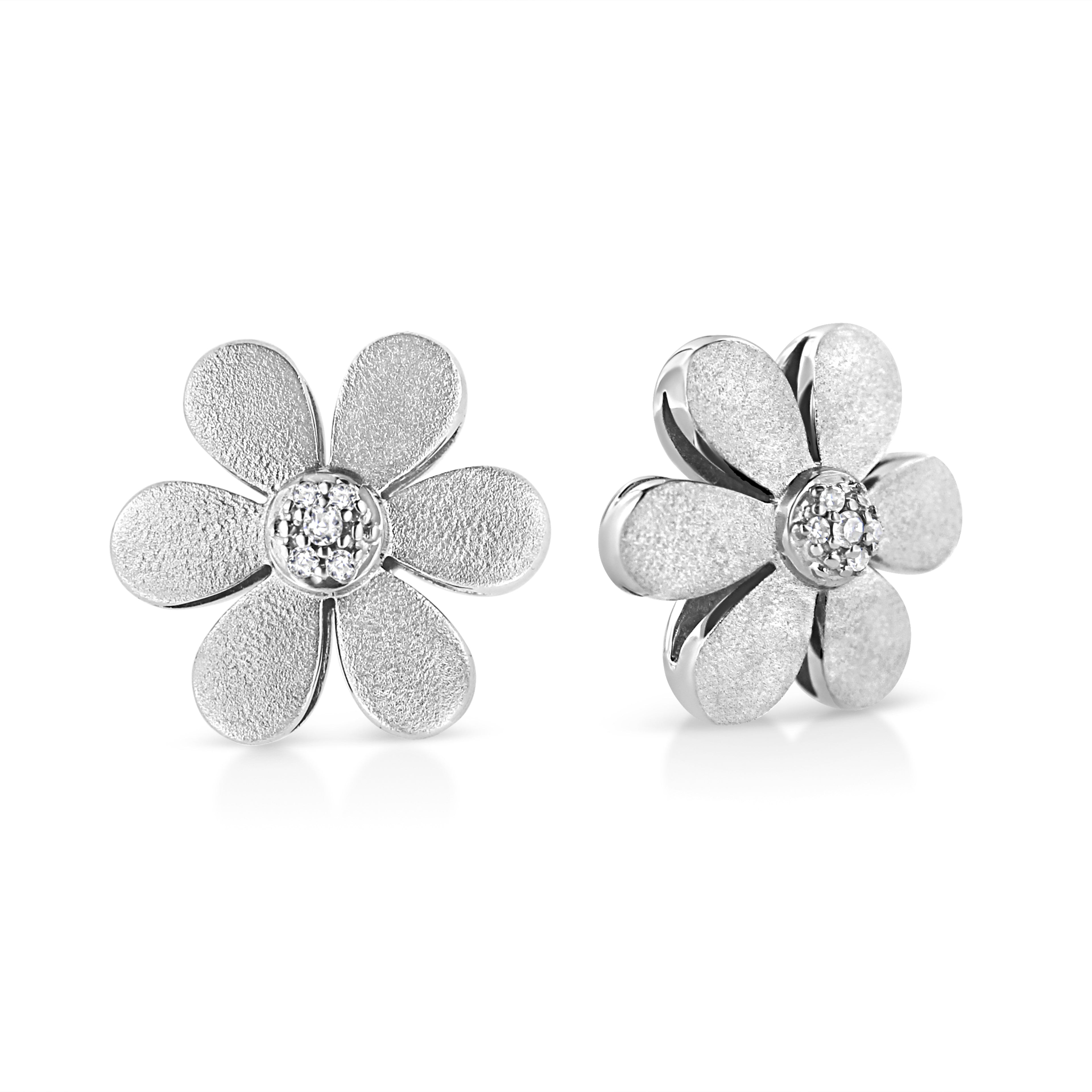 Matte Finished .925 Sterling Silver Diamond Accent Flower Hoop Stud Earring (I-J Color, I1-I2 Clarity) by Bids.com