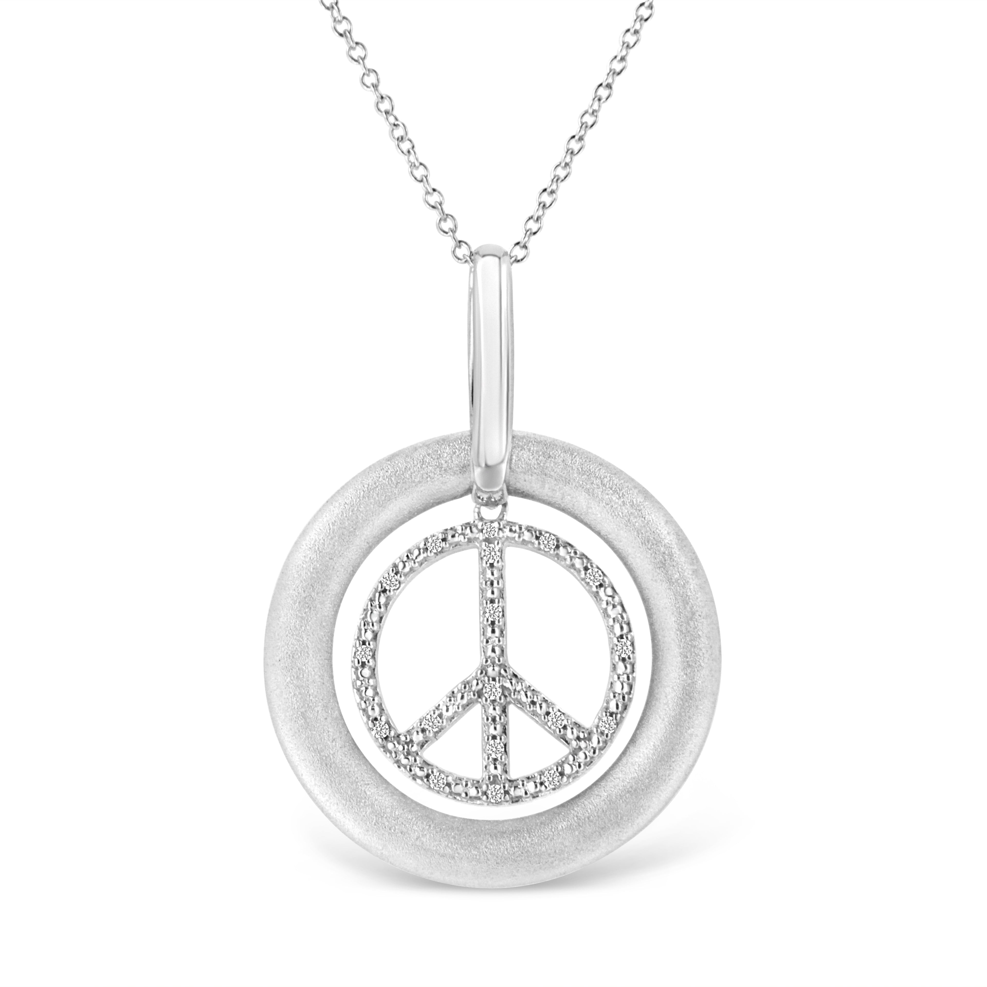Matte Finish .925 Sterling Silver Diamond Accent Dancing Peace Sign 18" Pendant Necklace (I-J Color, I1-I2 Clarity) by Bids.com