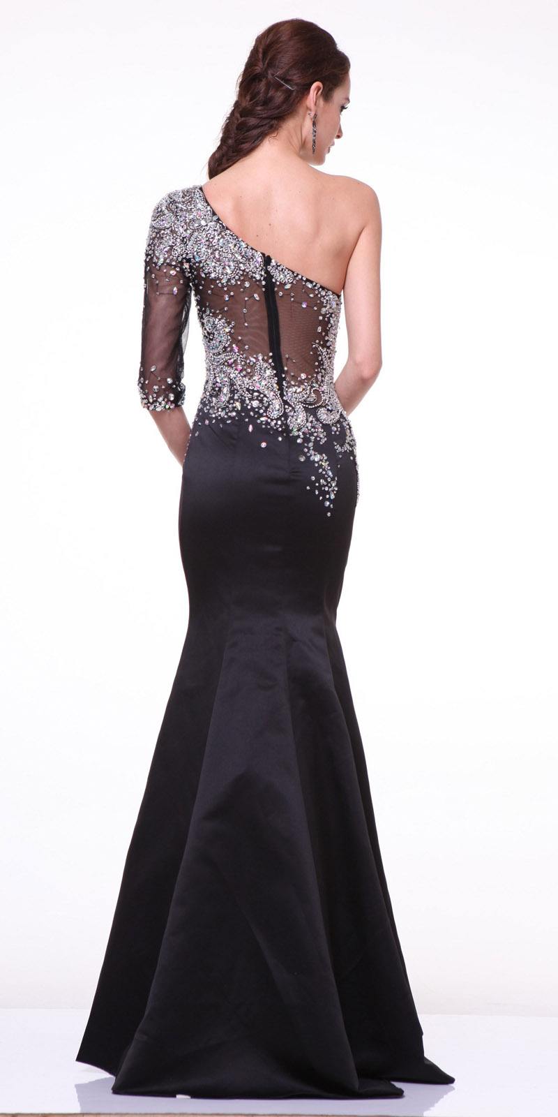 Cinderella Divine 8789 Mermaid Dress One Shoulder Sleeve Embellished Sheer Bodice by DiscountDressShop