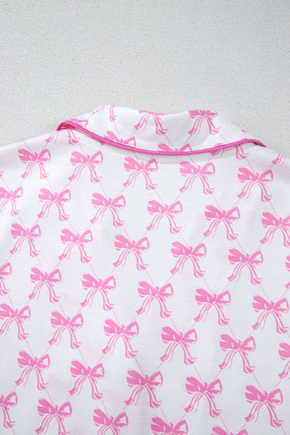 Women's Pink Bow Print Pajama Set - Short Sleeve Top & Ruffled Shorts