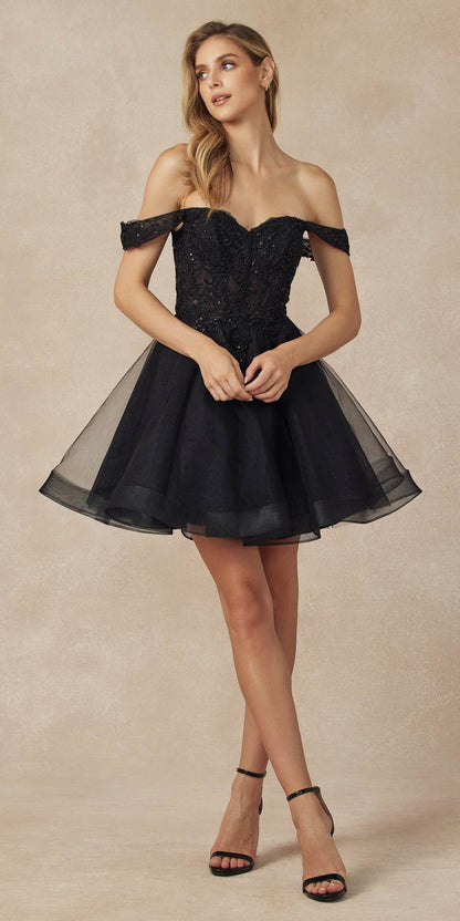 Juliet 880 Glitter Tulle A-Line Cold-Shoulder Homecoming Dress. by DiscountDressShop