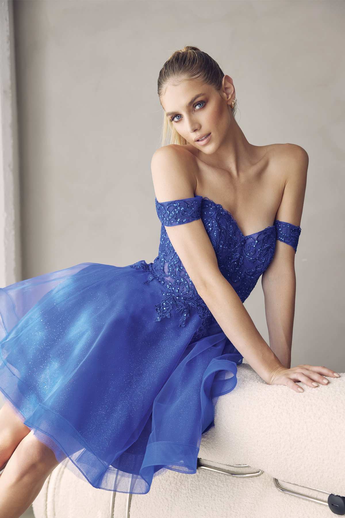 Juliet 880 Glitter Tulle A-Line Cold-Shoulder Homecoming Dress. by DiscountDressShop