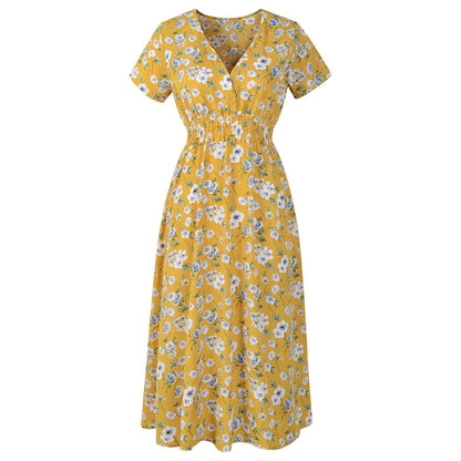 Spring Summer Chiffon Beach Dress Printed V neck Short Sleeve Dress Bohemian Dress  DestGlow