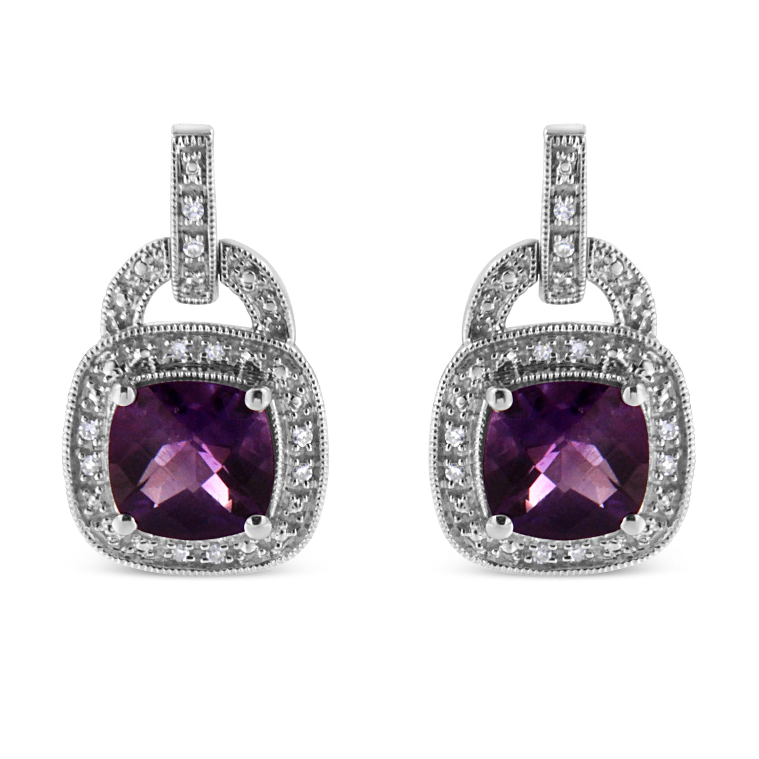 .925 Sterling Silver 8MM Natural Cushion Shaped Amethyst and Diamond Accent Halo with Push Back Dangle Earrings (I-J Color, I2-I3 Clarity) by Bids.com