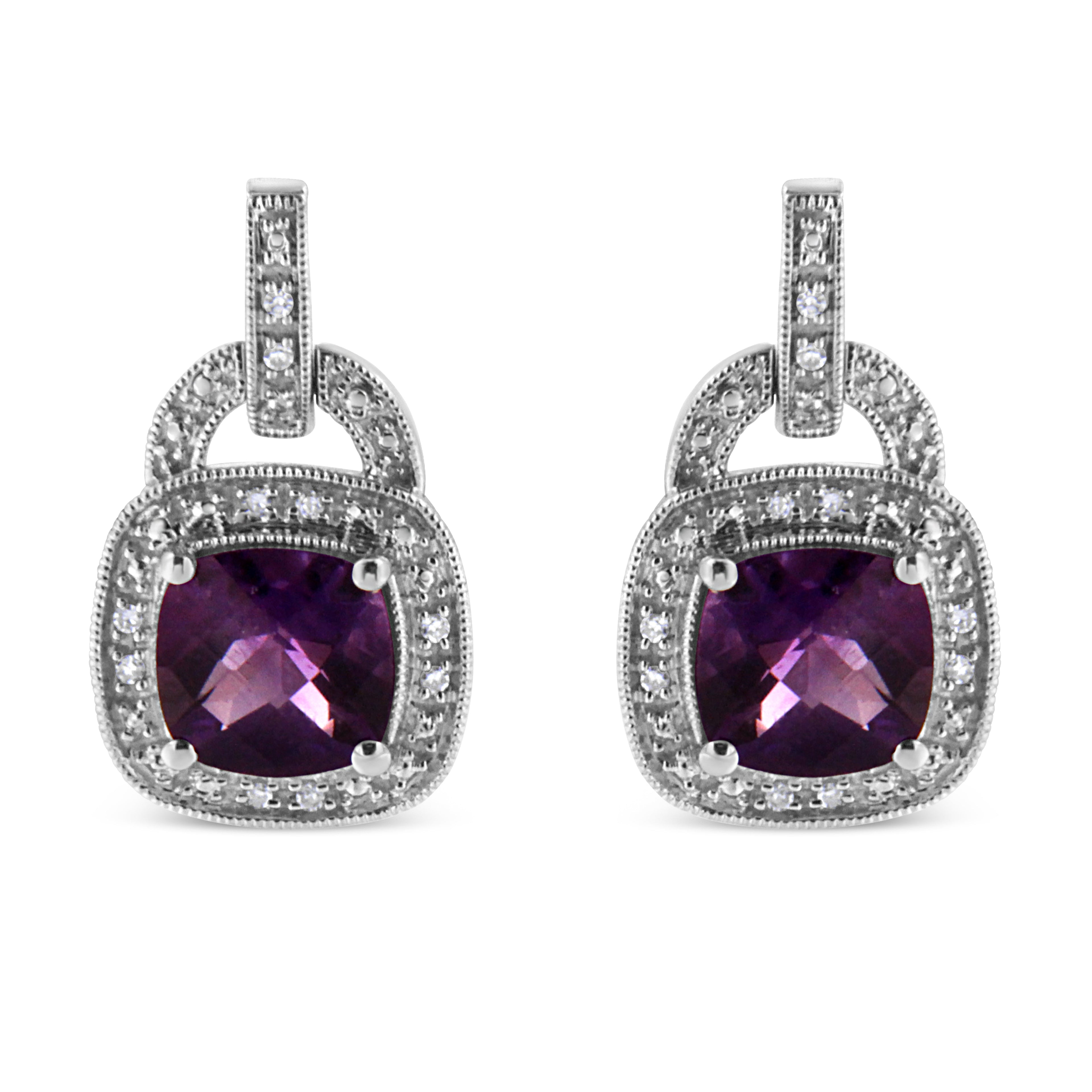 .925 Sterling Silver 8MM Natural Cushion Shaped Amethyst and Diamond Accent Halo with Push Back Dangle Earrings (I-J Color, I2-I3 Clarity) by Bids.com