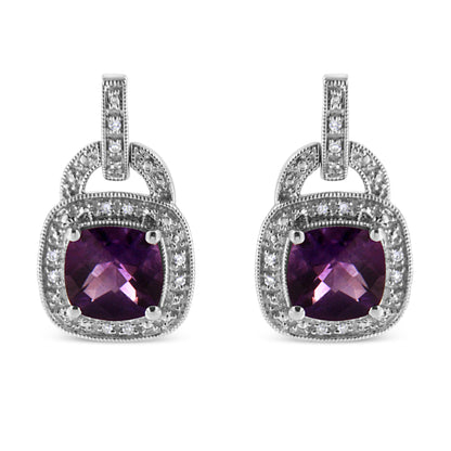 .925 Sterling Silver 8MM Natural Cushion Shaped Amethyst and Diamond Accent Halo with Push Back Dangle Earrings (I-J Color, I2-I3 Clarity) by Bids.com