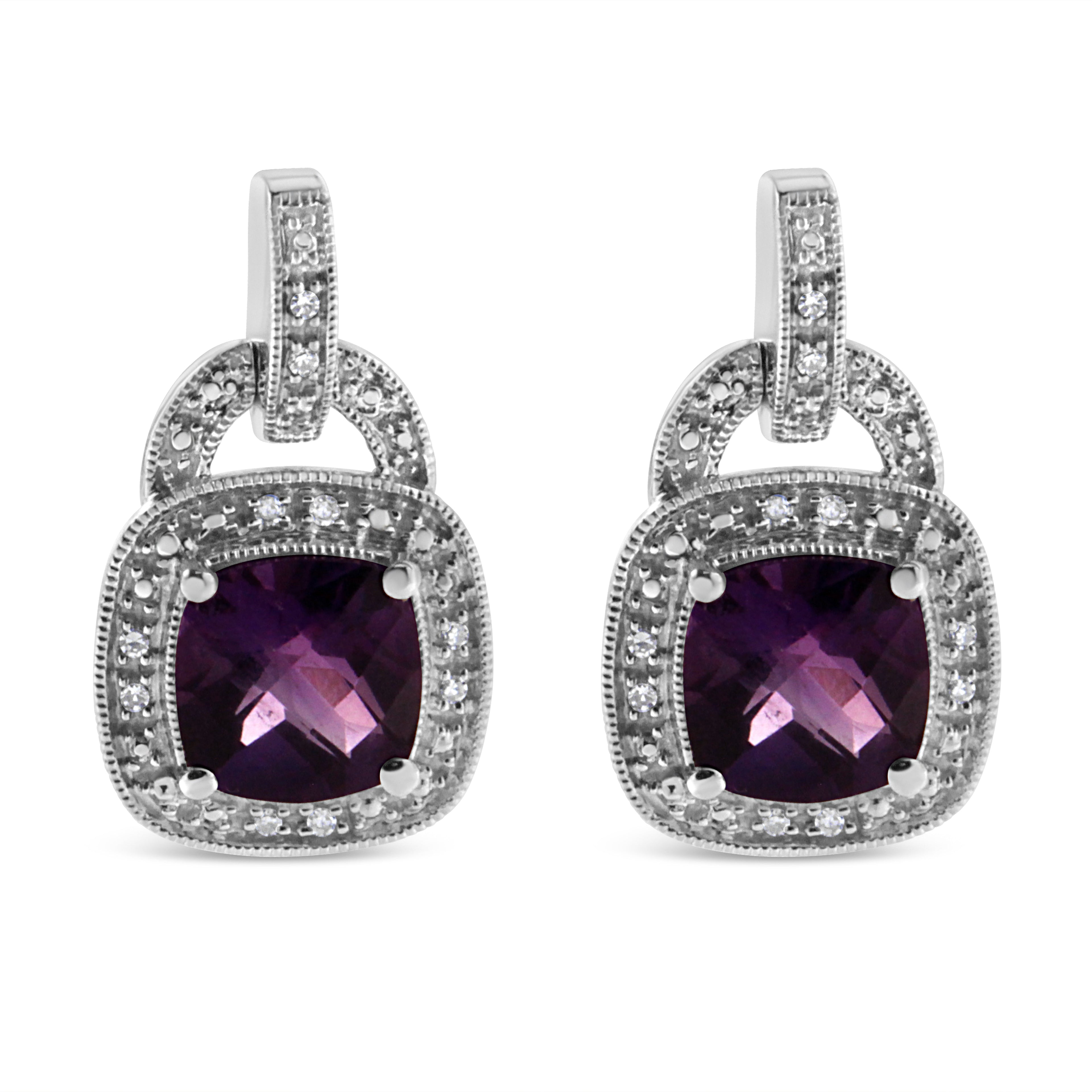 .925 Sterling Silver 8MM Natural Cushion Shaped Amethyst and Diamond Accent Halo with Push Back Dangle Earrings (I-J Color, I2-I3 Clarity) by Bids.com
