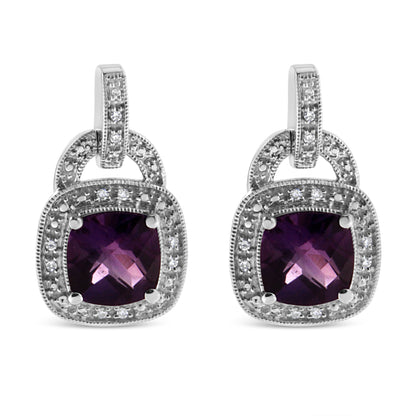 .925 Sterling Silver 8MM Natural Cushion Shaped Amethyst and Diamond Accent Halo with Push Back Dangle Earrings (I-J Color, I2-I3 Clarity) by Bids.com