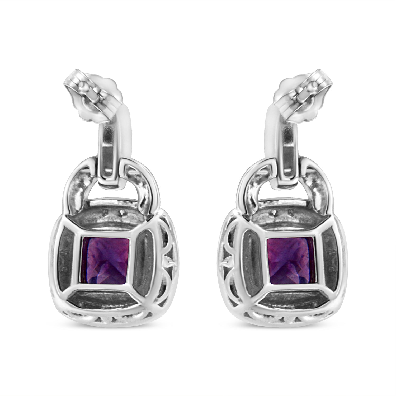 .925 Sterling Silver 8MM Natural Cushion Shaped Amethyst and Diamond Accent Halo with Push Back Dangle Earrings (I-J Color, I2-I3 Clarity) by Bids.com