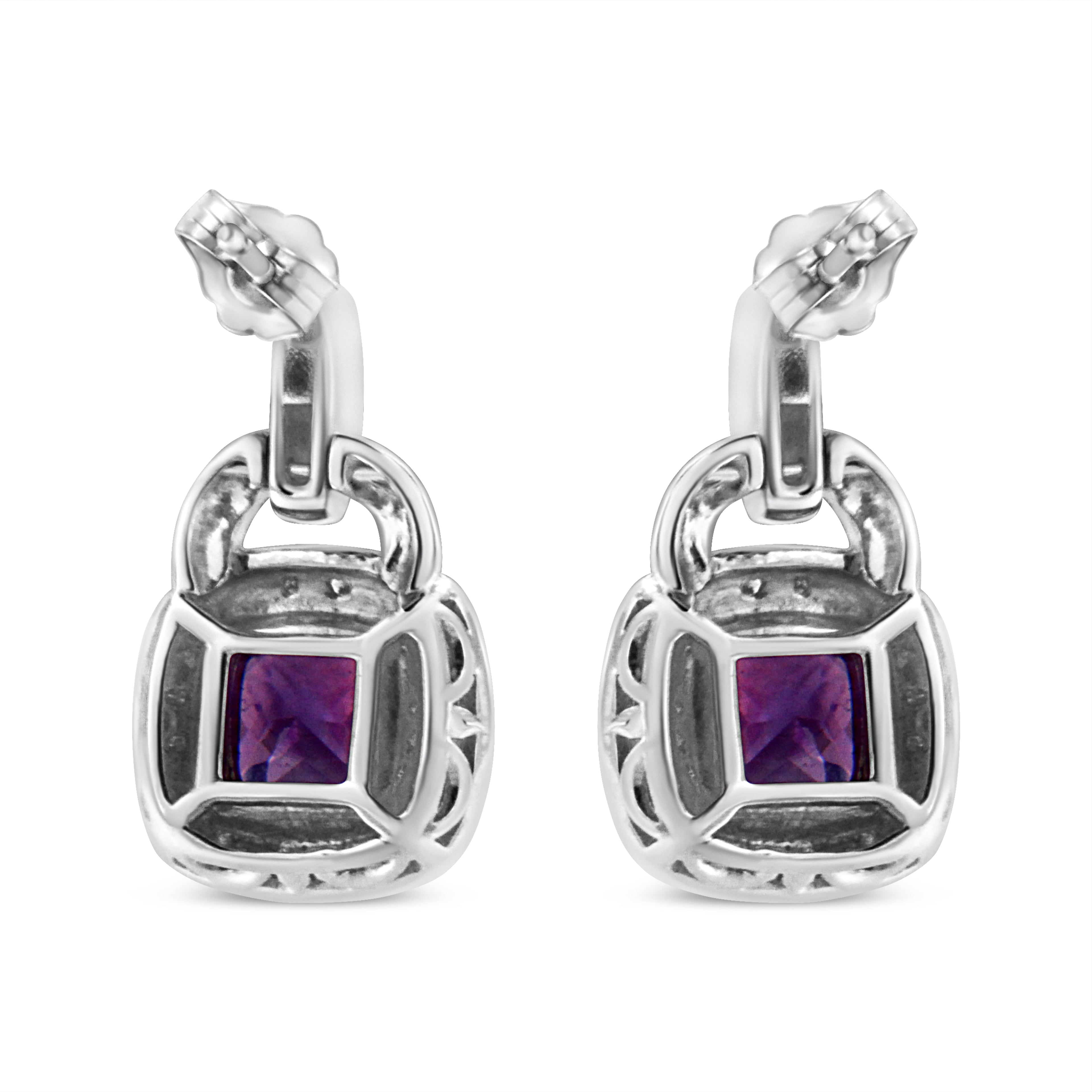 .925 Sterling Silver 8MM Natural Cushion Shaped Amethyst and Diamond Accent Halo with Push Back Dangle Earrings (I-J Color, I2-I3 Clarity) by Bids.com
