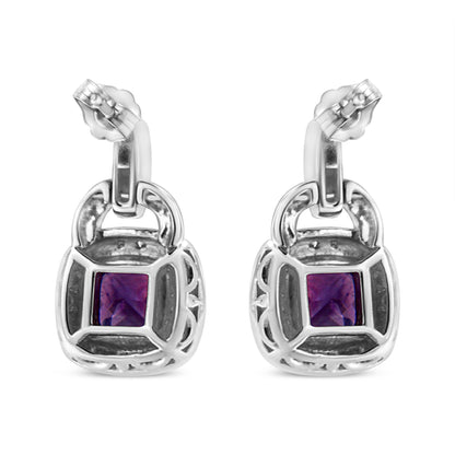 .925 Sterling Silver 8MM Natural Cushion Shaped Amethyst and Diamond Accent Halo with Push Back Dangle Earrings (I-J Color, I2-I3 Clarity) by Bids.com