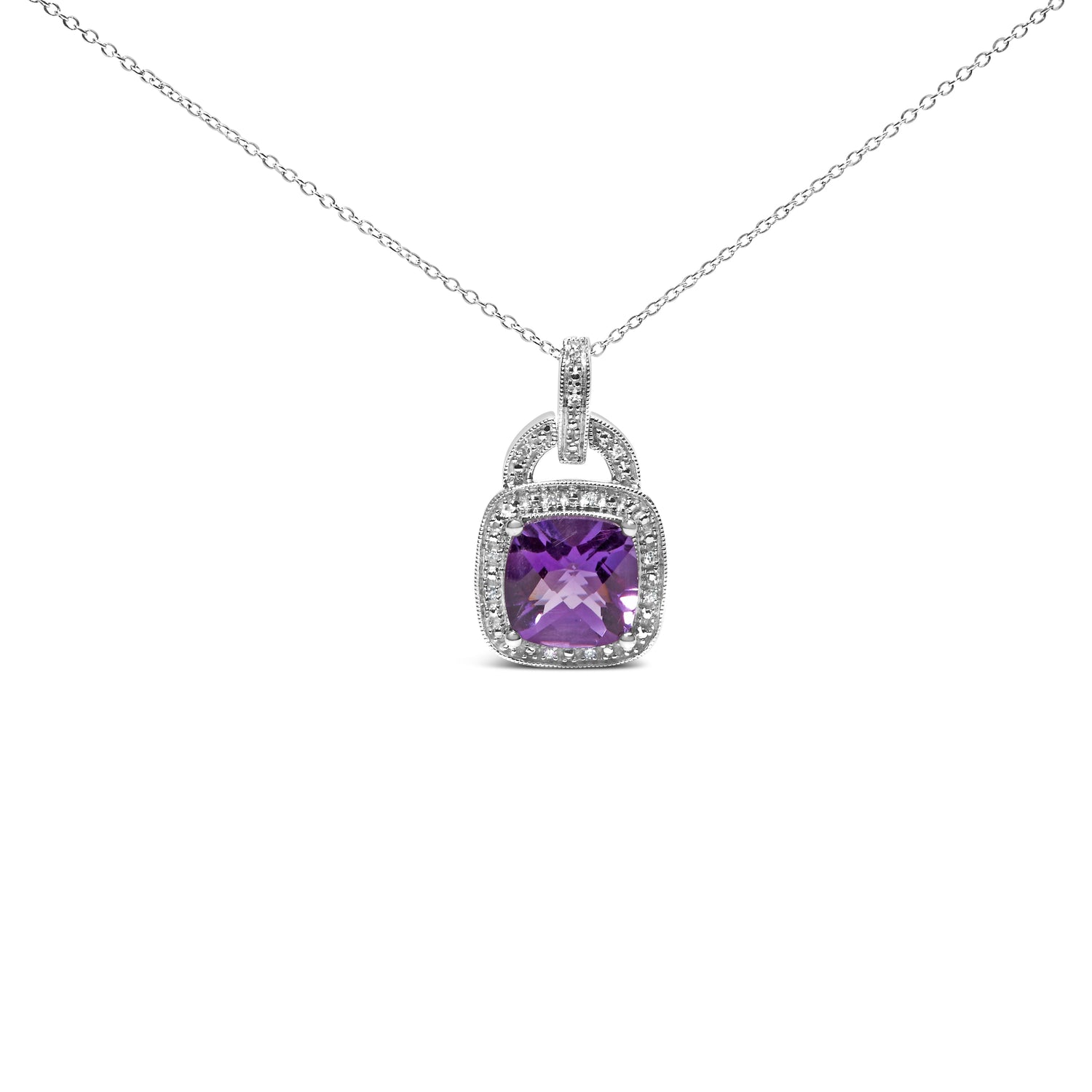 .925 Sterling Silver 10X10 MM Cushion Purple Amethyst and Diamond Accent Halo 18" Pendant Necklace (I-J Color, I1-I2 Clarity) by Bids.com