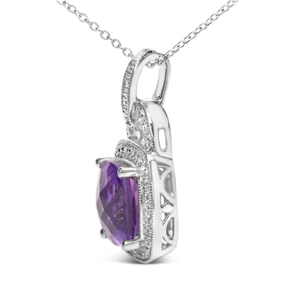 .925 Sterling Silver 10X10 MM Cushion Purple Amethyst and Diamond Accent Halo 18" Pendant Necklace (I-J Color, I1-I2 Clarity) by Bids.com