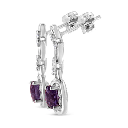 .925 Sterling Silver 6x6MM Cushion Shaped Natural Purple Amethyst and Diamond Accent Drop and Dangle Earrings (I-J Color, I1-I2 Clarity) by Bids.com