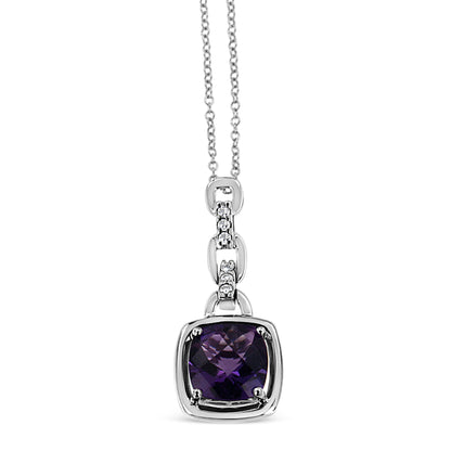 .925 Sterling Silver 6x6MM Cushion Shaped Natural Purple Amethyst and Diamond Accented Bale 18" Inch Pendant Necklace (I-J Color, I1-I2 Clarity) by Bids.com