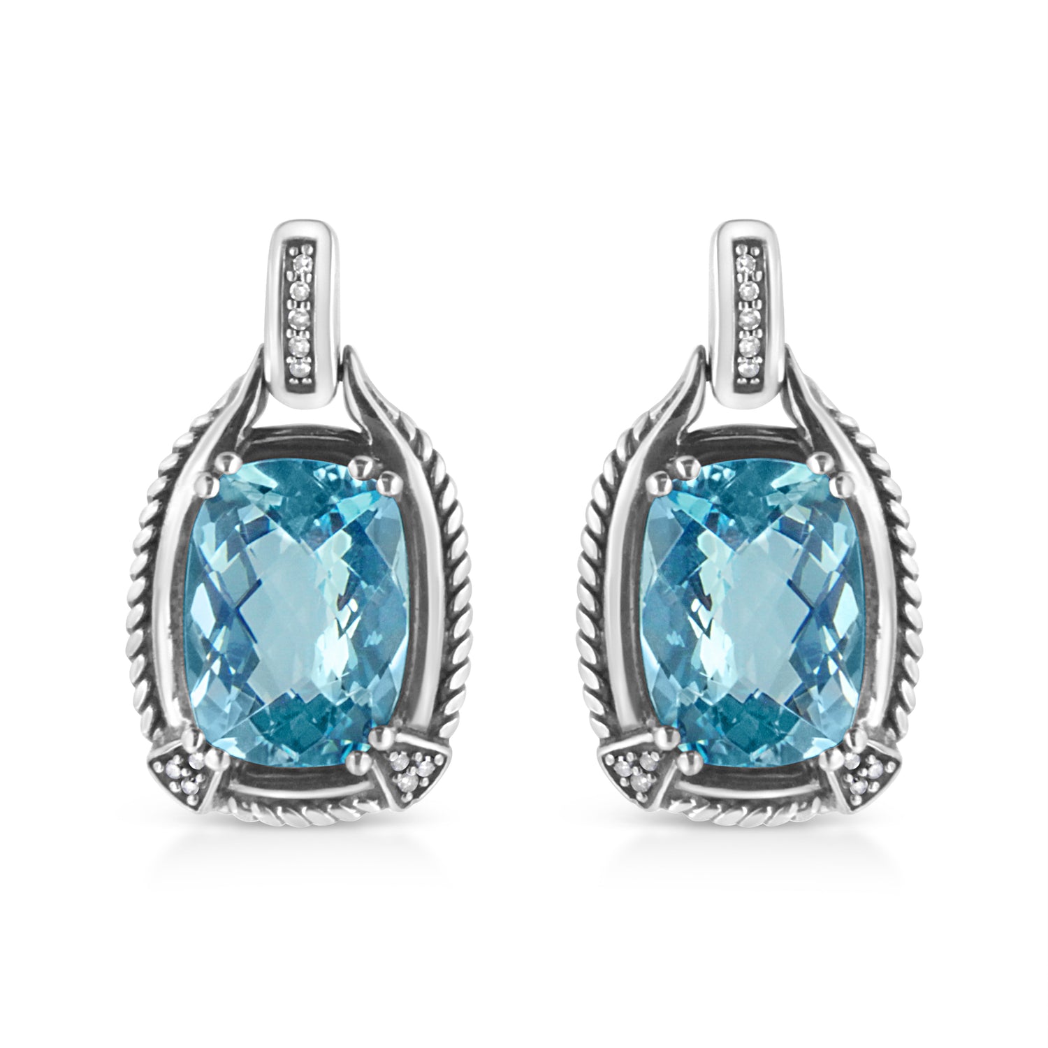 .925 Sterling Silver 14x10MM Cushion Cut Blue Topaz Gemstone and Diamond Accent Dangle Earring (I-J Color, I1-I2 Clarity) by Bids.com