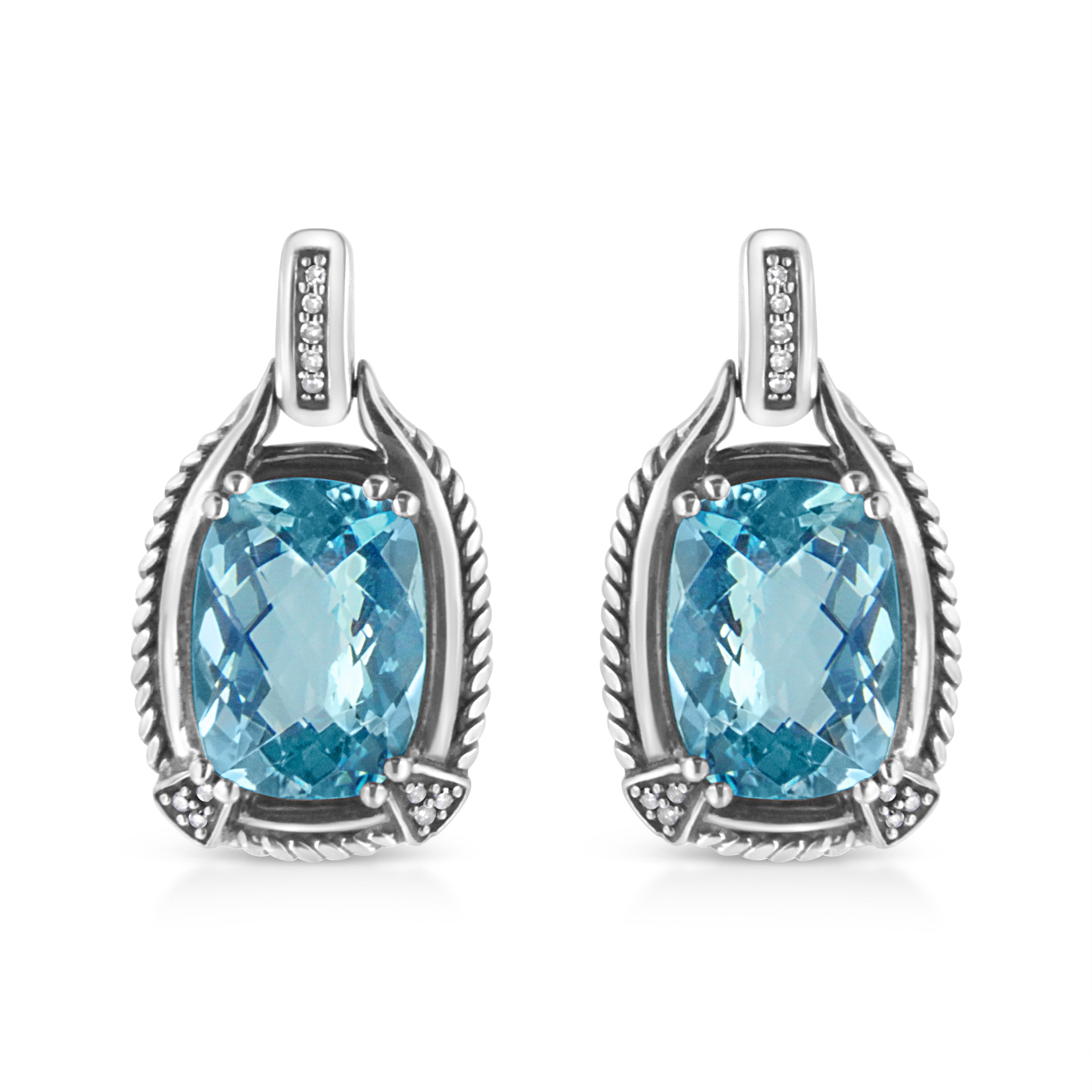 .925 Sterling Silver 14x10MM Cushion Cut Blue Topaz Gemstone and Diamond Accent Dangle Earring (I-J Color, I1-I2 Clarity) by Bids.com