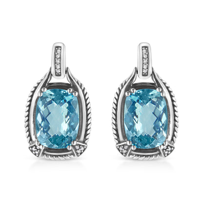 .925 Sterling Silver 14x10MM Cushion Cut Blue Topaz Gemstone and Diamond Accent Dangle Earring (I-J Color, I1-I2 Clarity) by Bids.com