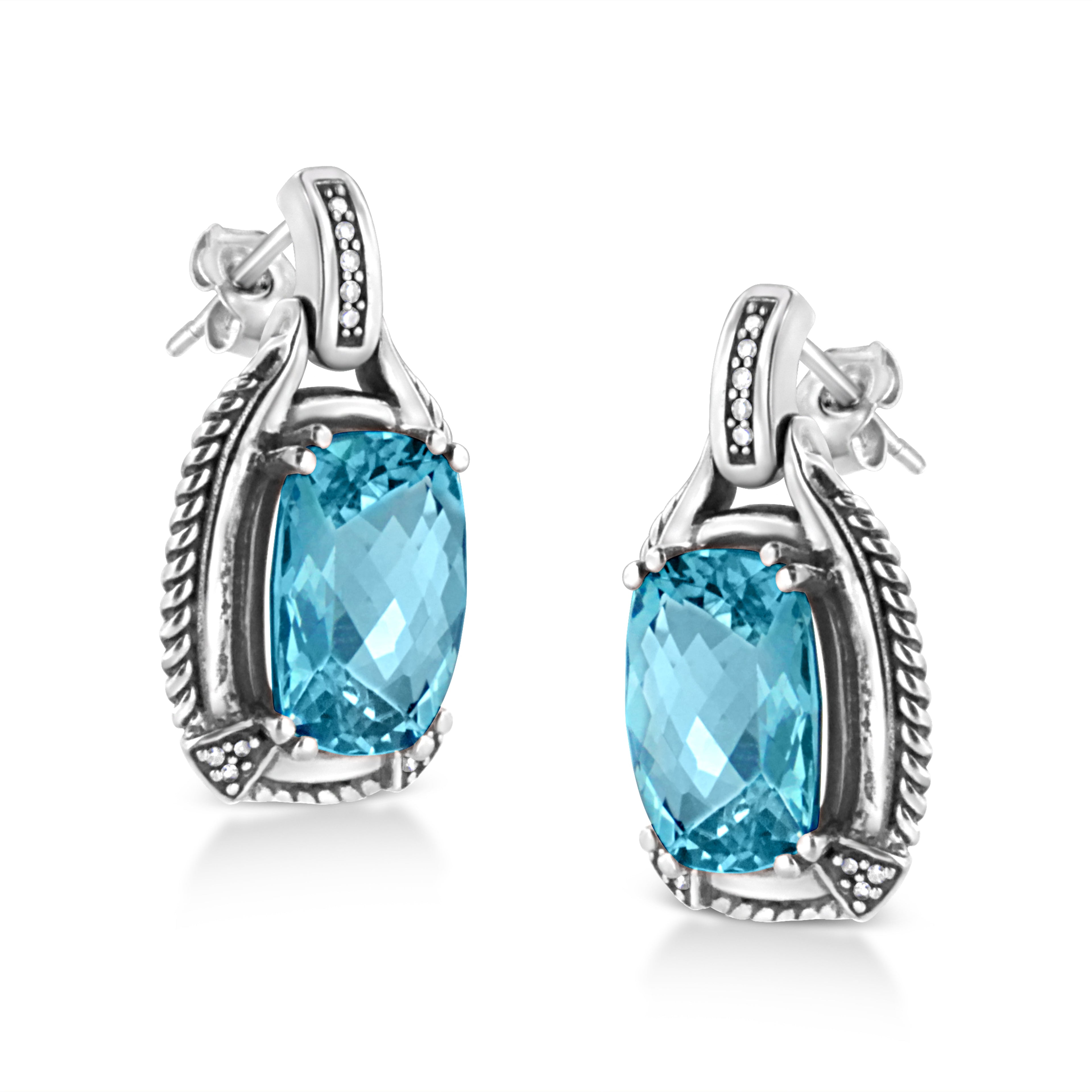 .925 Sterling Silver 14x10MM Cushion Cut Blue Topaz Gemstone and Diamond Accent Dangle Earring (I-J Color, I1-I2 Clarity) by Bids.com