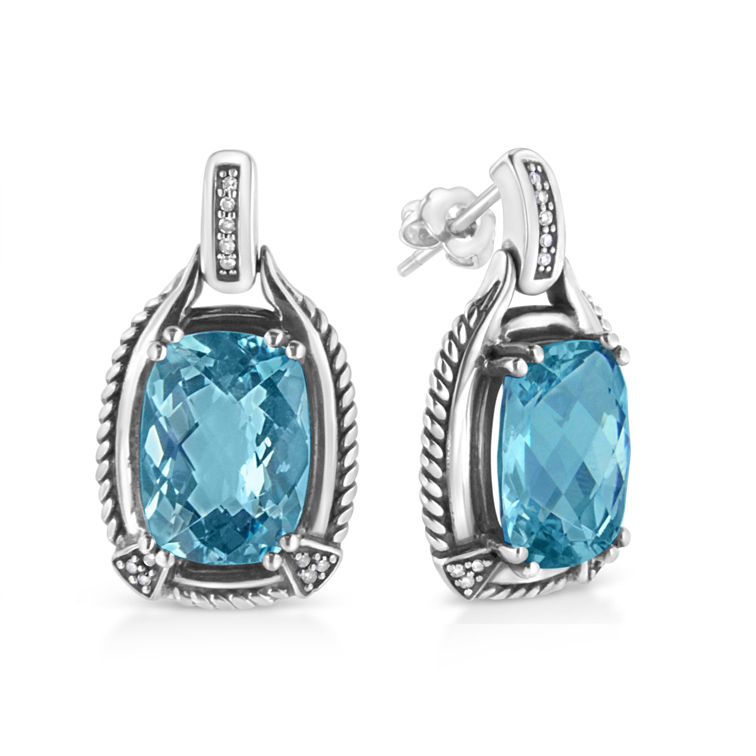 .925 Sterling Silver 14x10MM Cushion Cut Blue Topaz Gemstone and Diamond Accent Dangle Earring (I-J Color, I1-I2 Clarity) by Bids.com