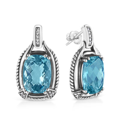 .925 Sterling Silver 14x10MM Cushion Cut Blue Topaz Gemstone and Diamond Accent Dangle Earring (I-J Color, I1-I2 Clarity) by Bids.com