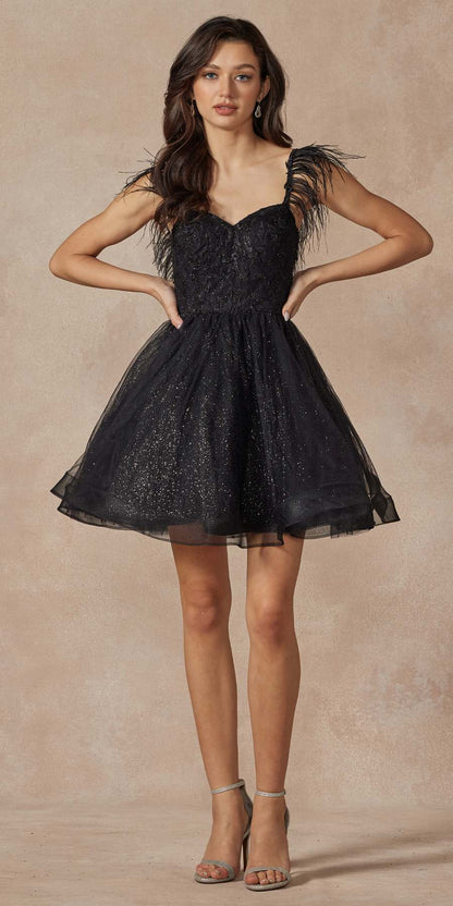 Juliet 881 Feather Straps Sheer Bodice Short A-line Tulle Dress by DiscountDressShop