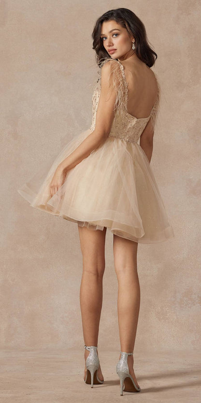 Juliet 881 Feather Straps Sheer Bodice Short A-line Tulle Dress by DiscountDressShop