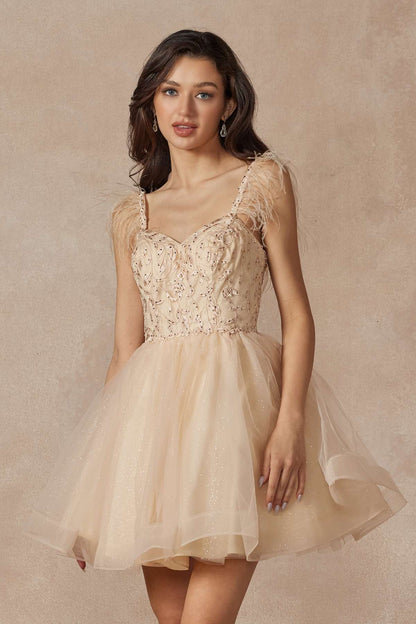Juliet 881 Feather Straps Sheer Bodice Short A-line Tulle Dress by DiscountDressShop