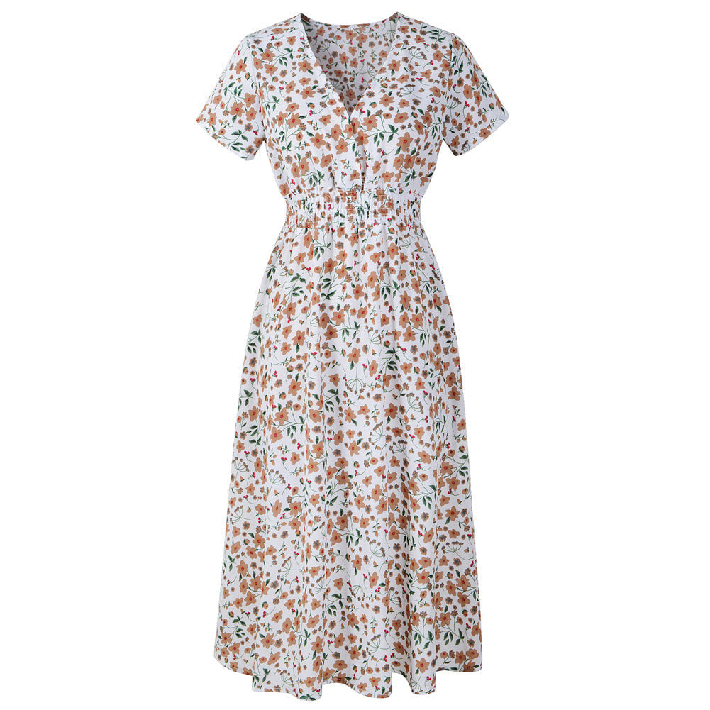 Spring Summer Chiffon Beach Dress Printed V neck Short Sleeve Dress Bohemian Dress  DestGlow