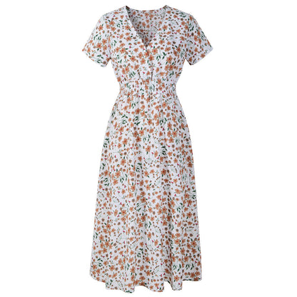 Spring Summer Chiffon Beach Dress Printed V neck Short Sleeve Dress Bohemian Dress  DestGlow