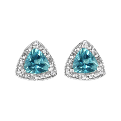 .925 Sterling Silver 6x6 mm Trillion Cut Blue Topaz Gemstone and Diamond Accent Stud Earring (I-J Color, I1-I2 Clarity) by Bids.com