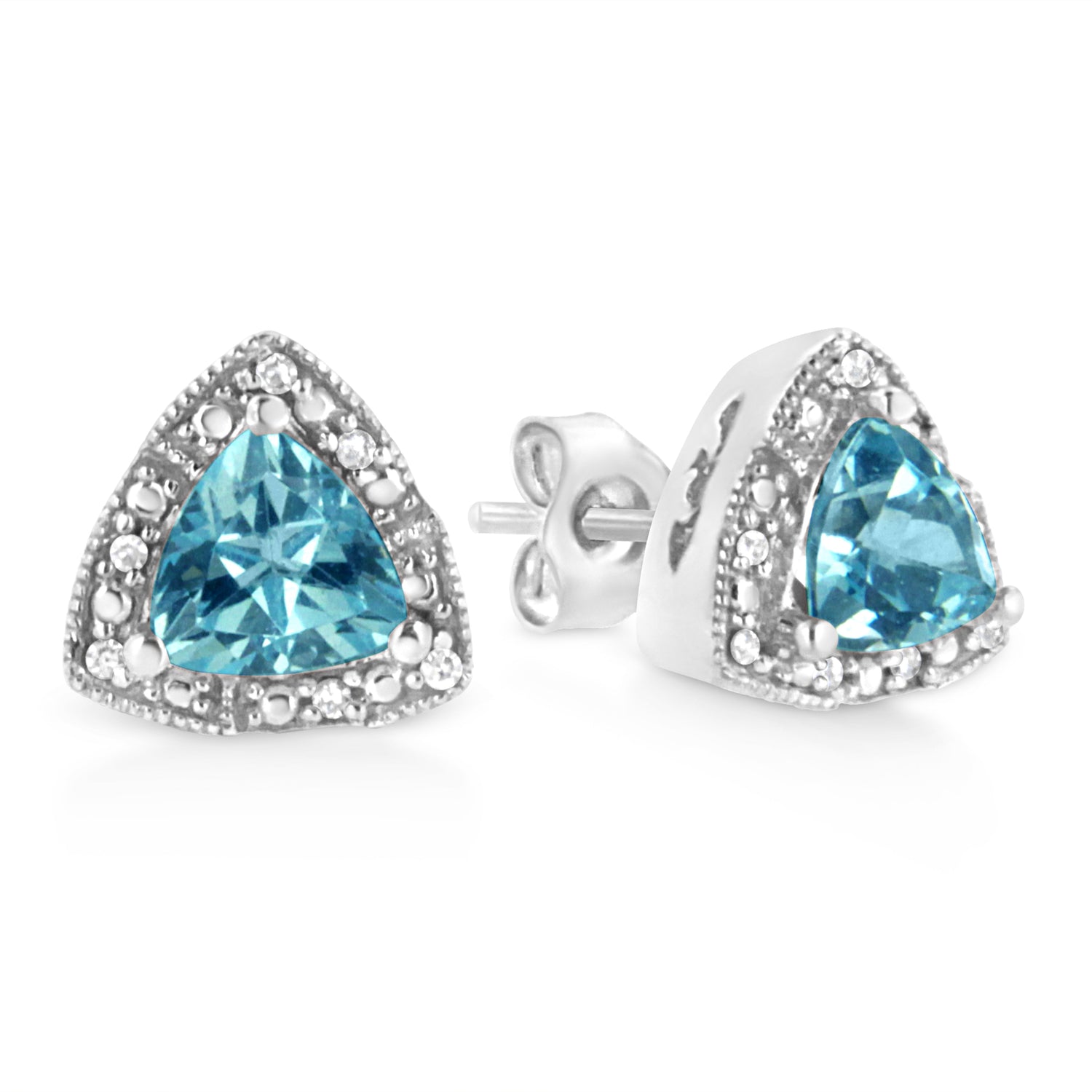 .925 Sterling Silver 6x6 mm Trillion Cut Blue Topaz Gemstone and Diamond Accent Stud Earring (I-J Color, I1-I2 Clarity) by Bids.com