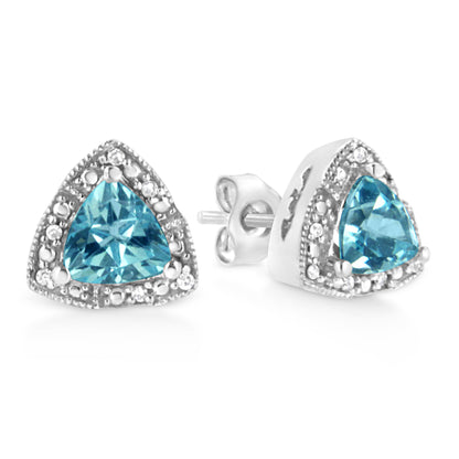 .925 Sterling Silver 6x6 mm Trillion Cut Blue Topaz Gemstone and Diamond Accent Stud Earring (I-J Color, I1-I2 Clarity) by Bids.com