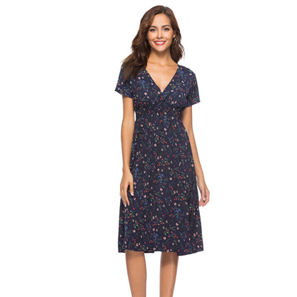 Spring Summer Chiffon Beach Dress Printed V neck Short Sleeve Dress Bohemian Dress  DestGlow
