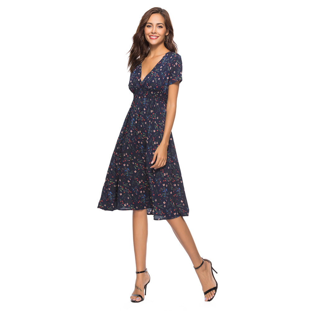 Spring Summer Chiffon Beach Dress Printed V neck Short Sleeve Dress Bohemian Dress  DestGlow