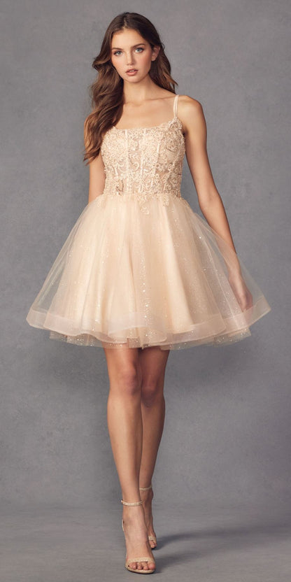 Juliet 883 Short A-Line Glitter Tulle Skirt Square Neck Thin Strap Dress by DiscountDressShop