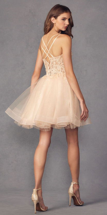 Juliet 883 Short A-Line Glitter Tulle Skirt Square Neck Thin Strap Dress by DiscountDressShop