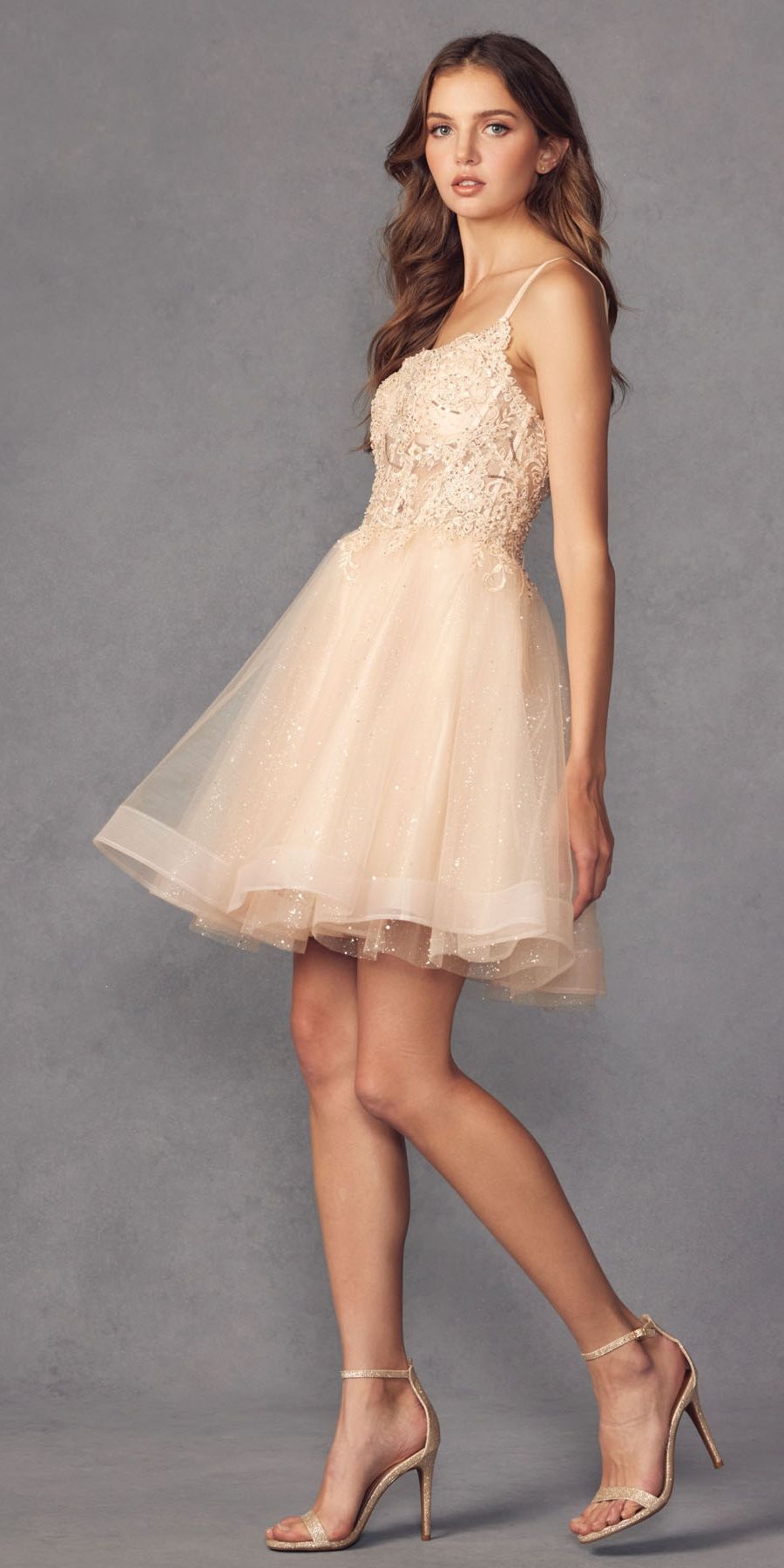 Juliet 883 Short A-Line Glitter Tulle Skirt Square Neck Thin Strap Dress by DiscountDressShop