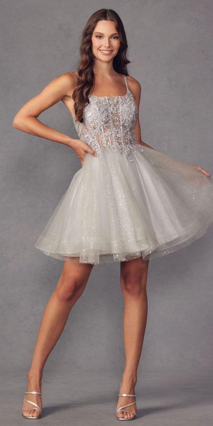 Juliet 883 Short A-Line Glitter Tulle Skirt Square Neck Thin Strap Dress by DiscountDressShop