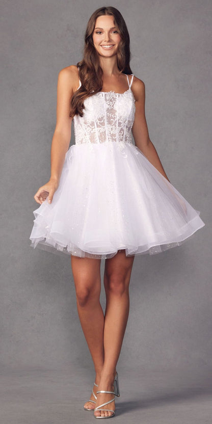 Juliet 883 Short A-Line Glitter Tulle Skirt Square Neck Thin Strap Dress by DiscountDressShop